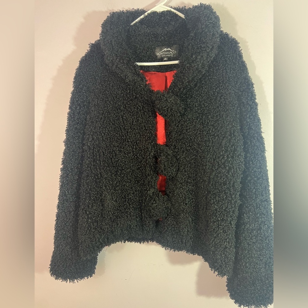 Montanaco Curly Faux Shearling Jacket – Black & Red Lined – Women’s, medium